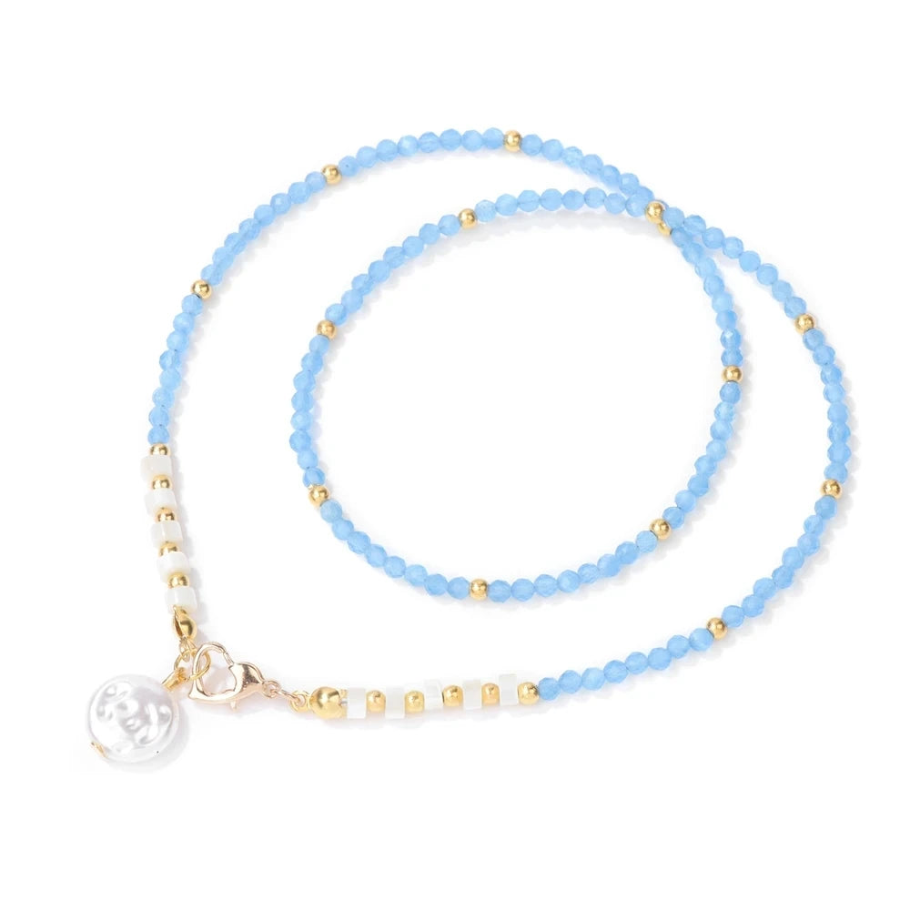 Female Pearl Pendant Necklace Natural Small Emerald Crystal Stone Necklace Gold Color Spacer Bead Heart Shape Buckle Necklace