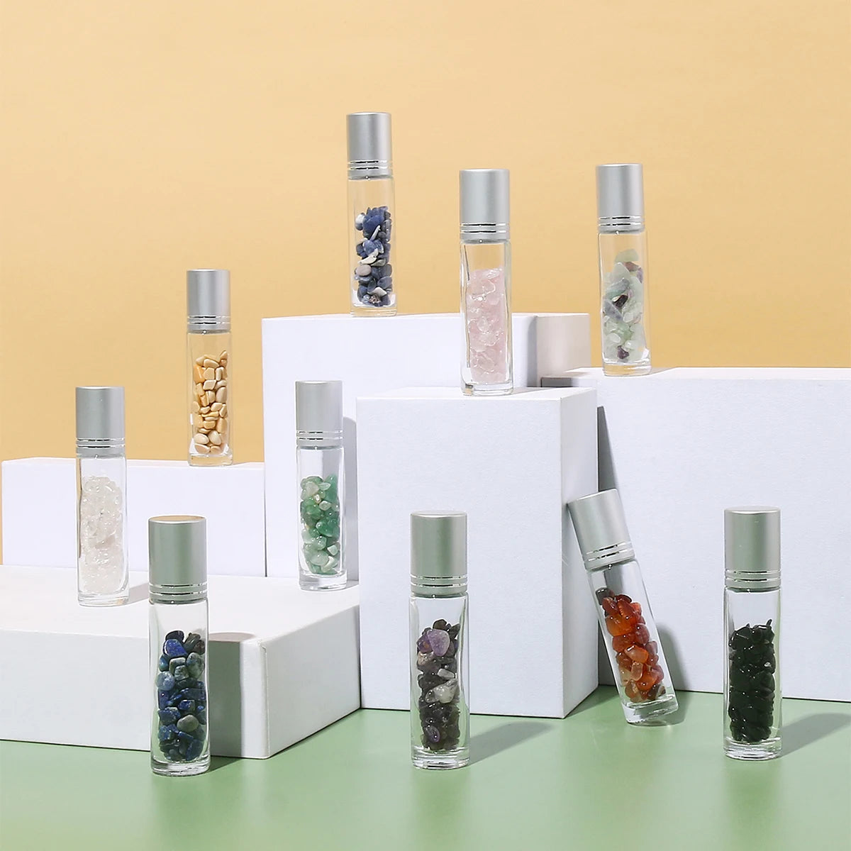 10pcs 10ml Essential Oil Roller Jade Stone Glass Gems Natural Roll-on Bottles Gemstone Refillable Perfume Bottle