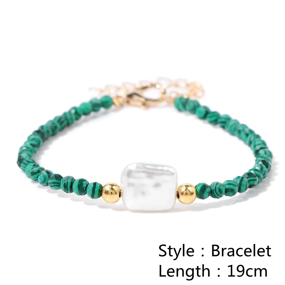 Female Pearl Pendant Necklace Natural Small Emerald Crystal Stone Necklace Gold Color Spacer Bead Heart Shape Buckle Necklace