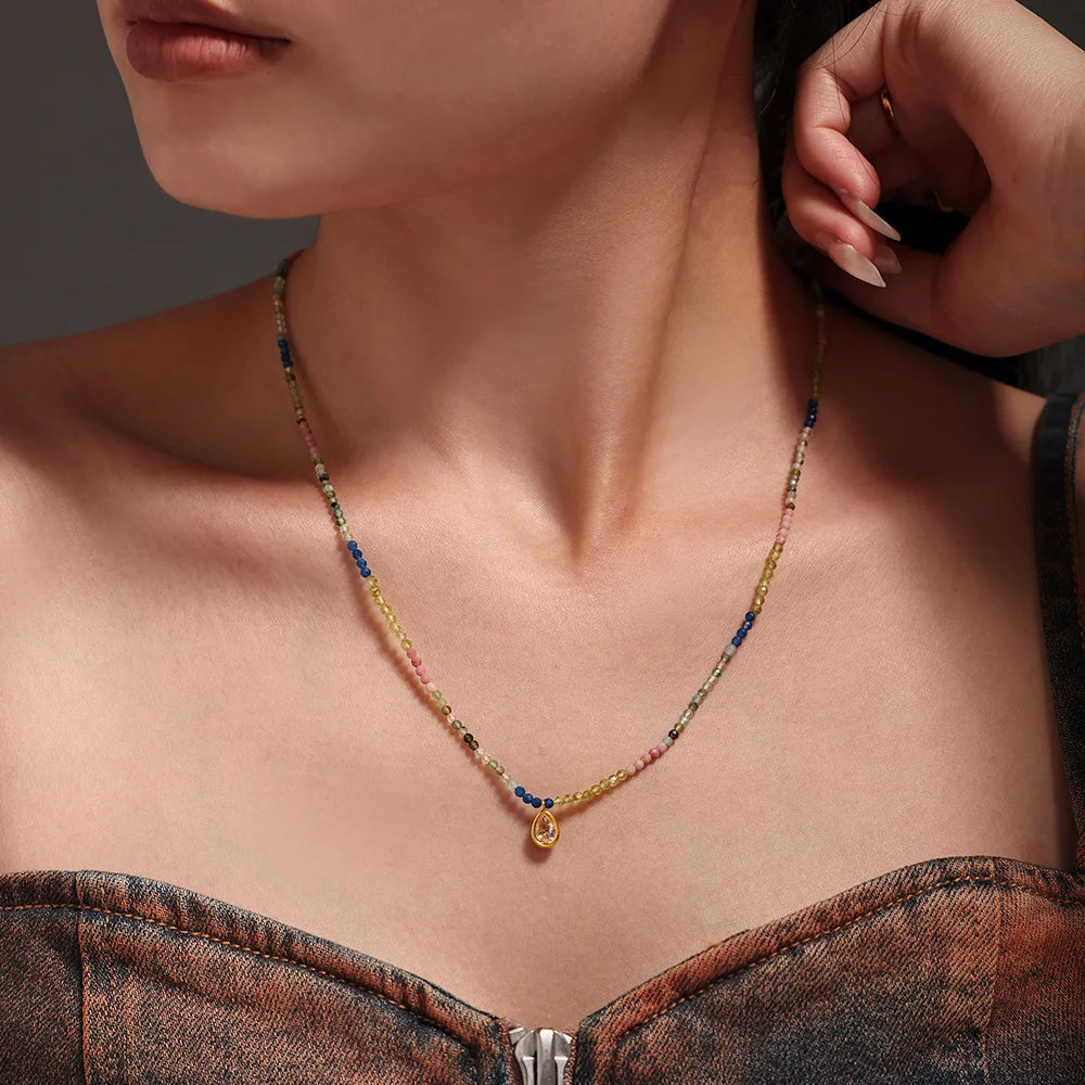 Colorful Natural Stone Beaded Necklace Women's Stainless Steel Gold Plated Zirconia Pendant Luxury Choker Bohemian Jewelry Gift