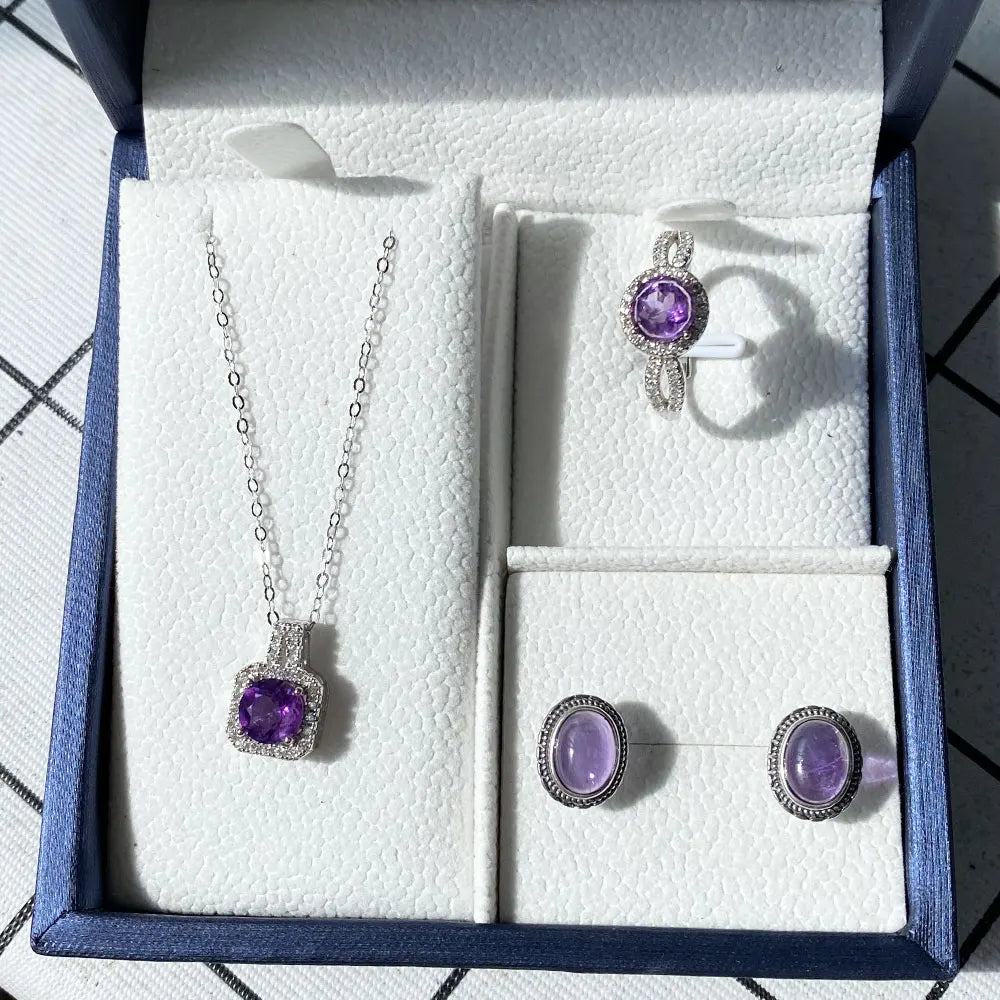 Natural Amethyst 925 Silver Jewelry Set Gift Box Necklace Ring Earrings Party and Evening Dress Accessories Birthday Gifts