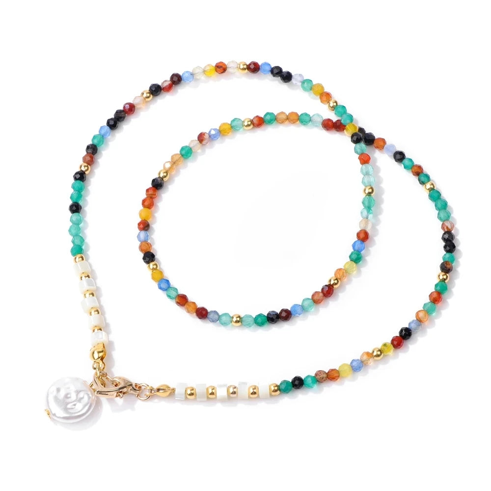 Female Pearl Pendant Necklace Natural Small Emerald Crystal Stone Necklace Gold Color Spacer Bead Heart Shape Buckle Necklace