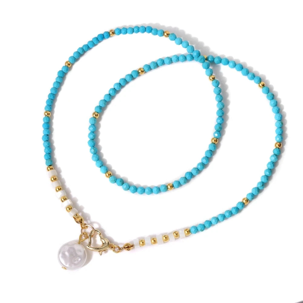 Female Pearl Pendant Necklace Natural Small Emerald Crystal Stone Necklace Gold Color Spacer Bead Heart Shape Buckle Necklace