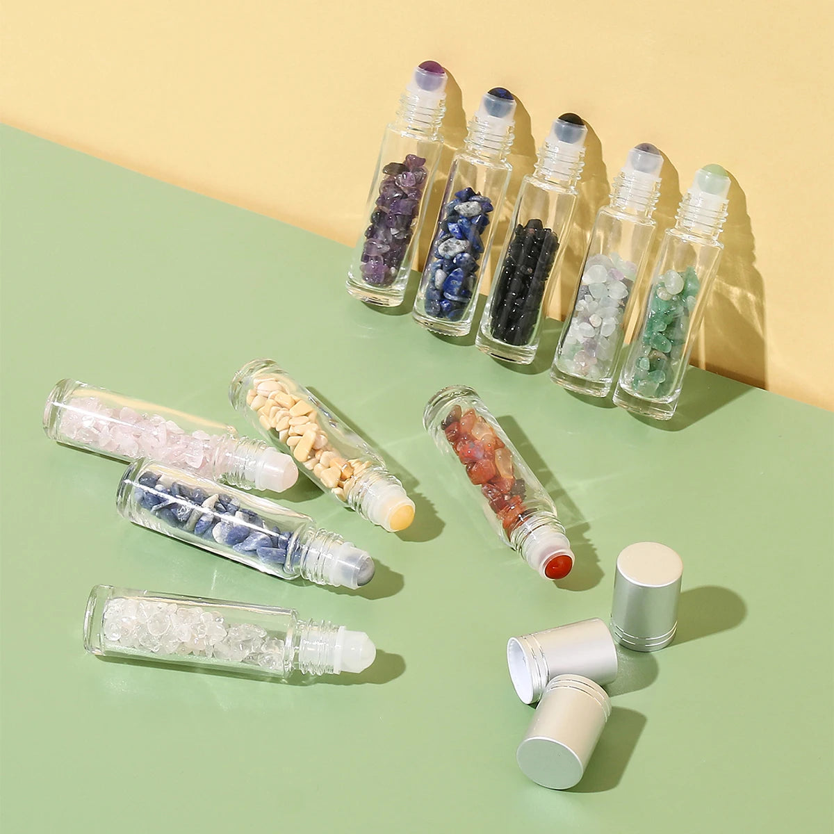 10pcs 10ml Essential Oil Roller Jade Stone Glass Gems Natural Roll-on Bottles Gemstone Refillable Perfume Bottle