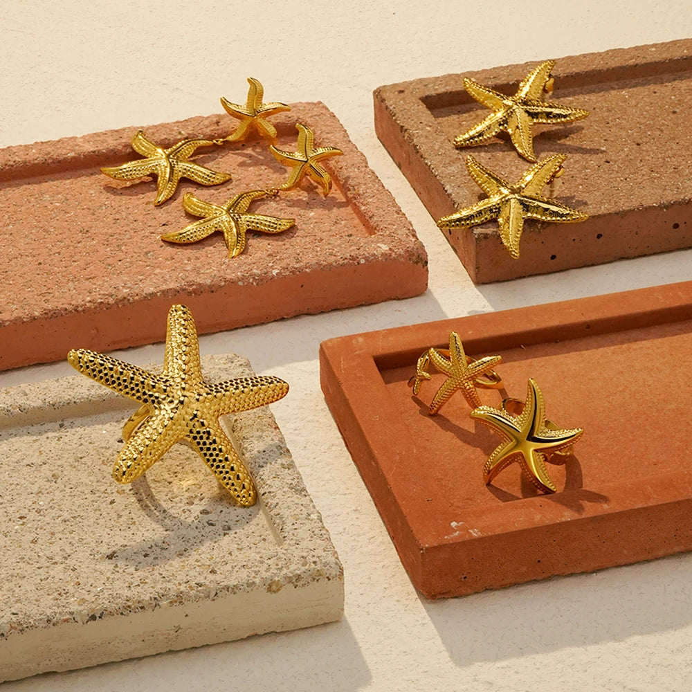 ENFASHION Para Mujer Summer Shell Starfish Pendant Necklace For Women's Stainless steel 18K Plated Gold Vacation Jewelry Set