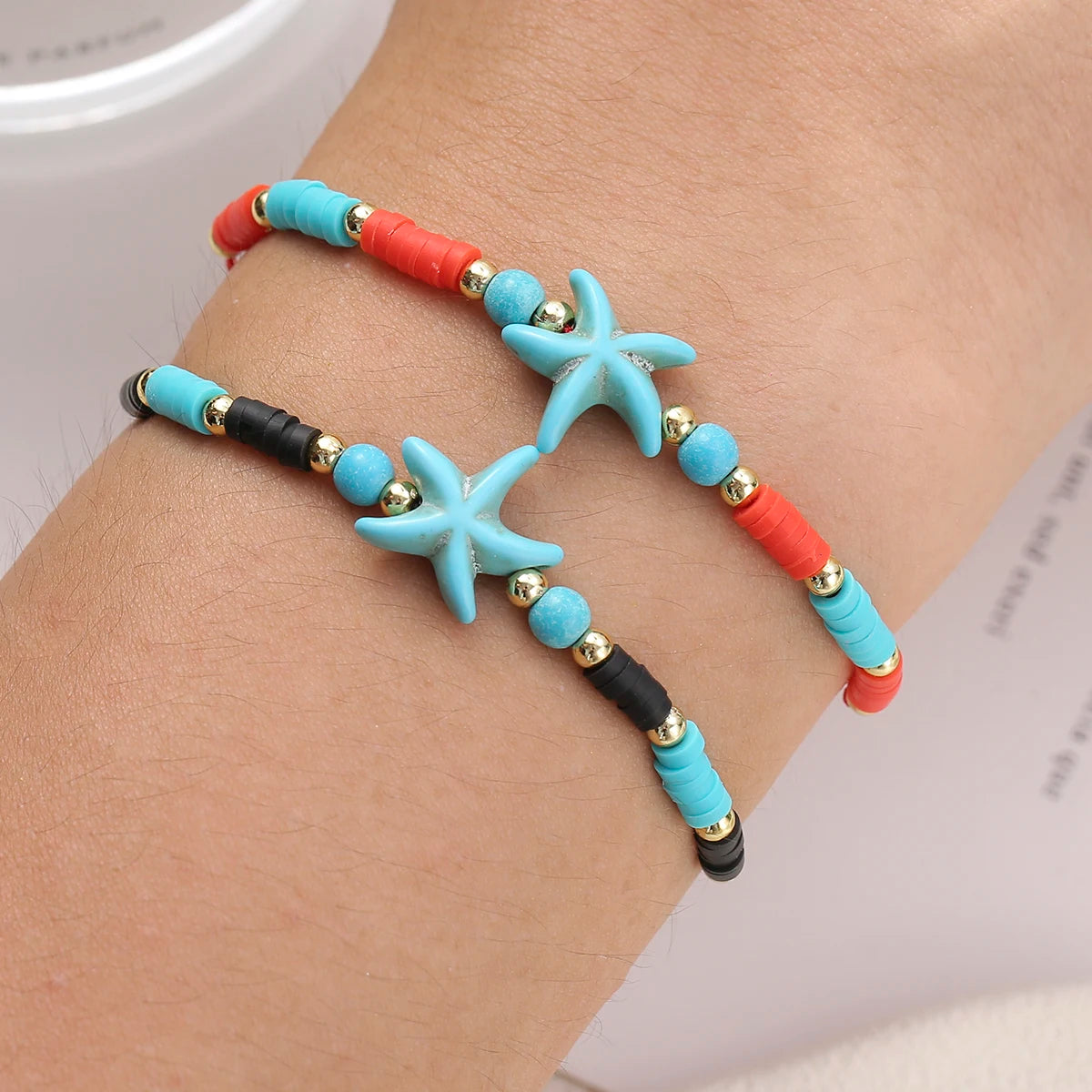 12pcs/set Starfish Charms Bracelet Set For Women Colorful Acrylic Beads Adjustable Bracelet Jewelry Gifts