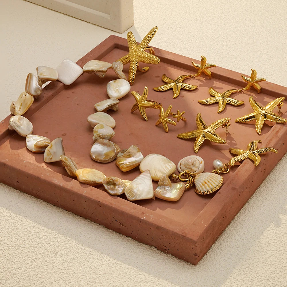 ENFASHION Para Mujer Summer Shell Starfish Pendant Necklace For Women's Stainless steel 18K Plated Gold Vacation Jewelry Set