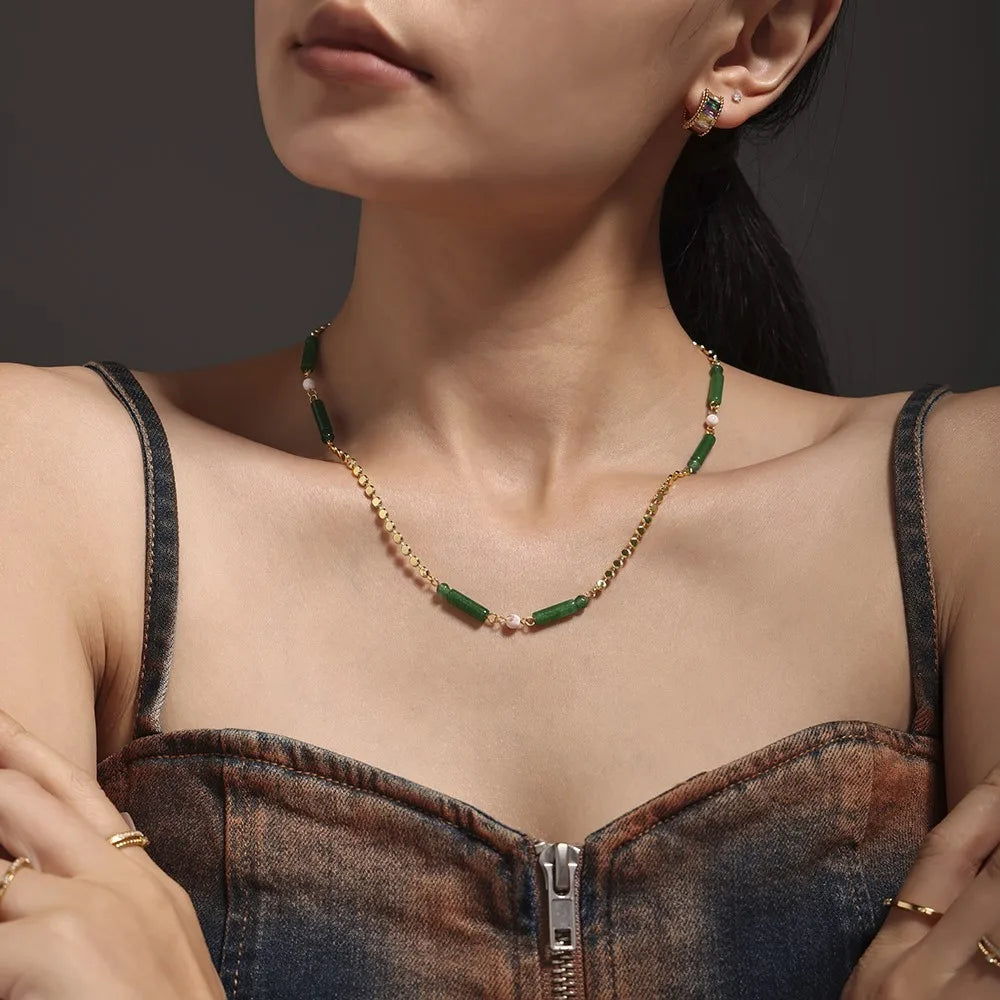 Colorful Natural Stone Beaded Necklace Women's Stainless Steel Gold Plated Zirconia Pendant Luxury Choker Bohemian Jewelry Gift