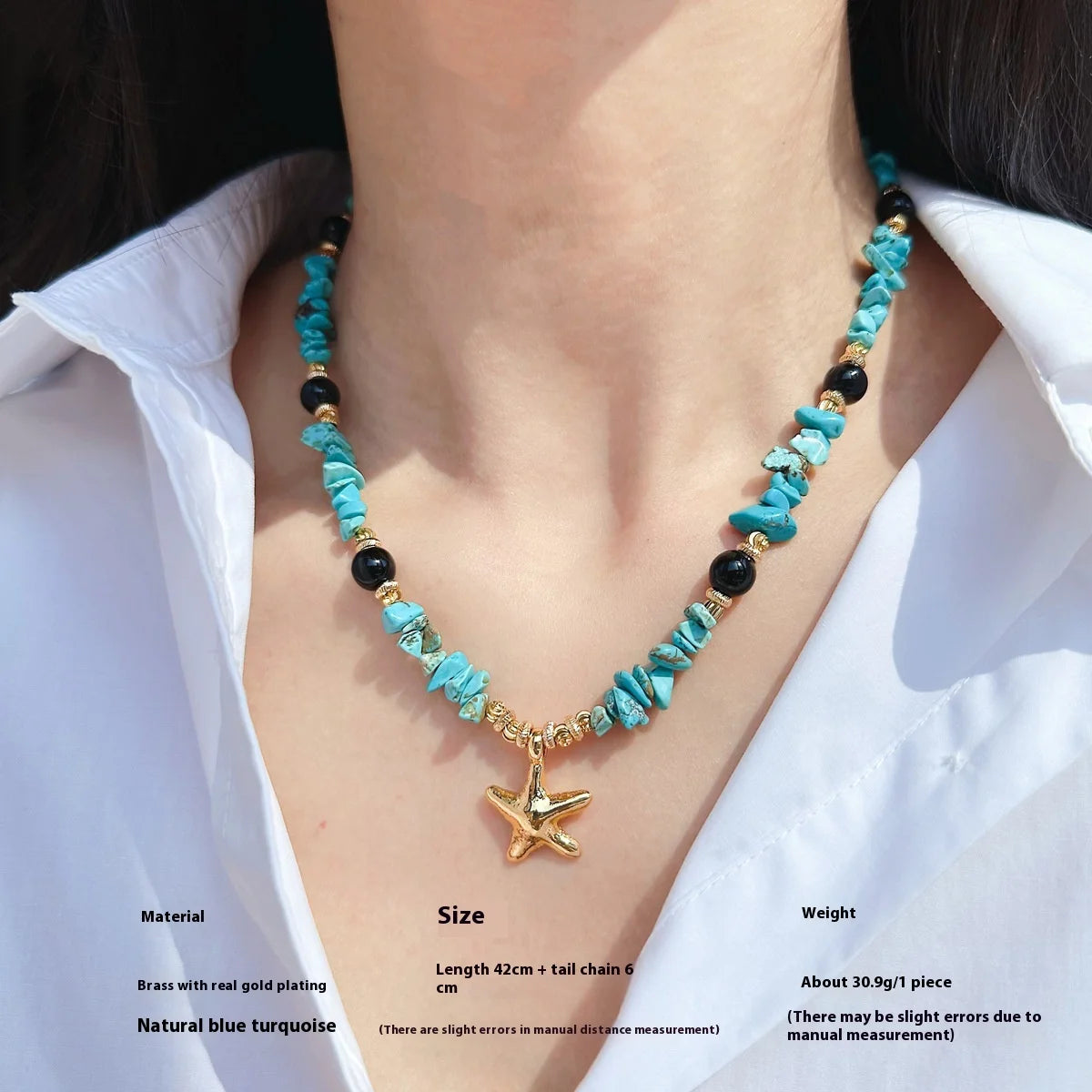 Turquoise Stacked Multi-layer Necklace Pearl Fishtail Pendant Starfish Earrings Beaded Bracelet Seaside Vacation Jewelry SetM010