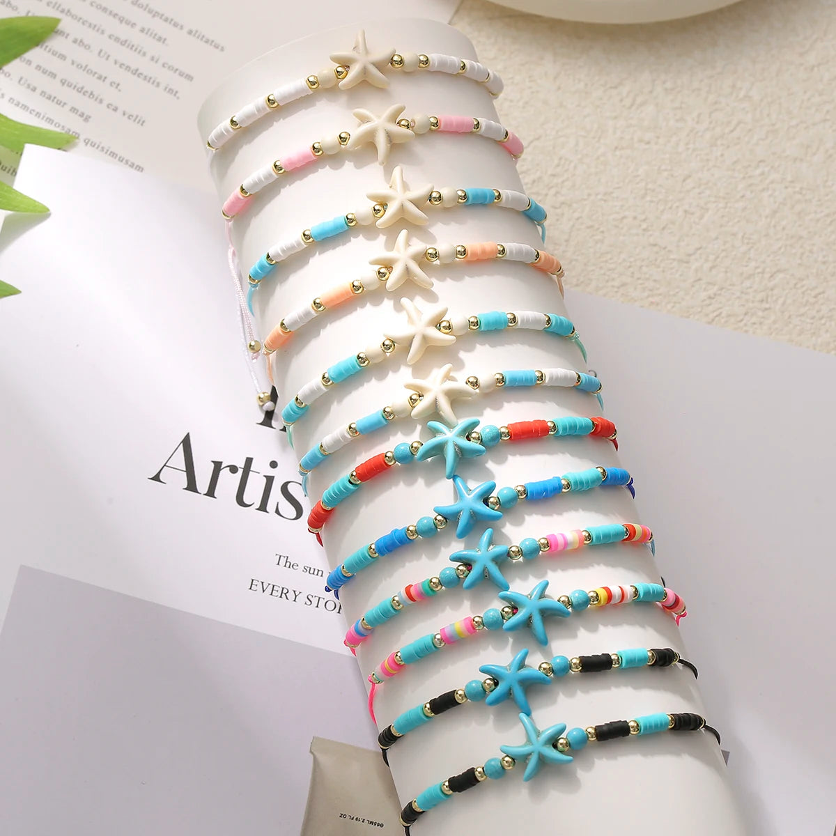 12pcs/set Starfish Charms Bracelet Set For Women Colorful Acrylic Beads Adjustable Bracelet Jewelry Gifts