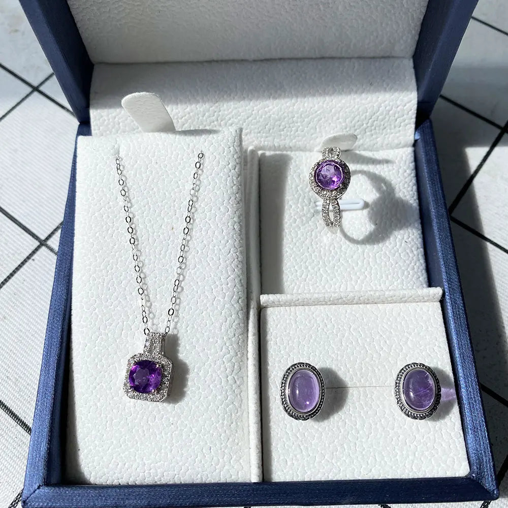Natural Amethyst 925 Silver Jewelry Set Gift Box Necklace Ring Earrings Party and Evening Dress Accessories Birthday Gifts