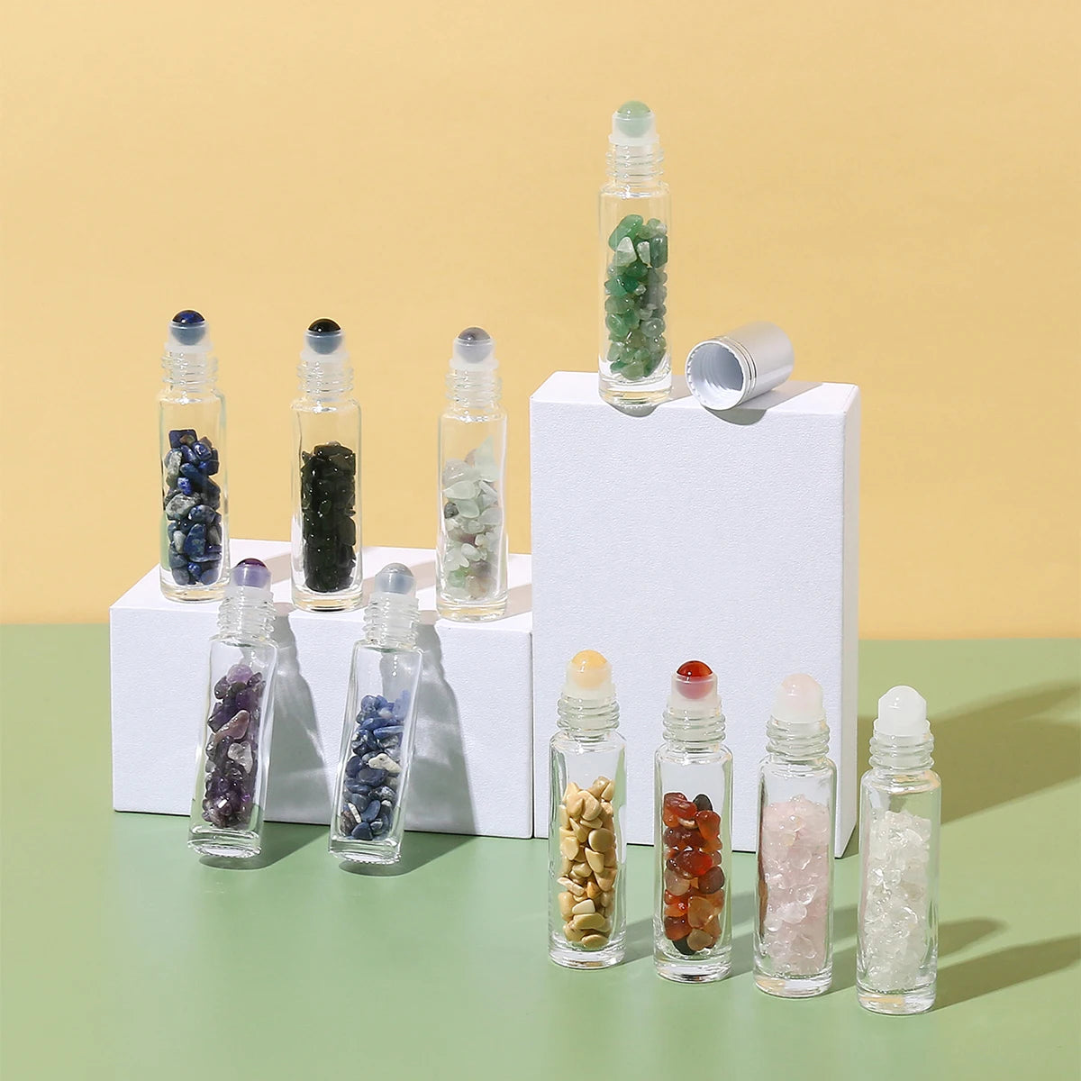 10pcs 10ml Essential Oil Roller Jade Stone Glass Gems Natural Roll-on Bottles Gemstone Refillable Perfume Bottle