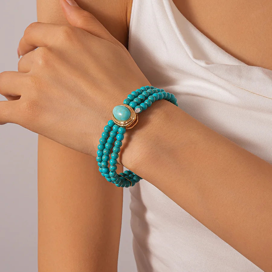 Boho Multi-layer Turquoise Chain Necklace Bracelet Earrings Jewelry Set Ethnic Style Geometric Beads Choker Necklacea for Party