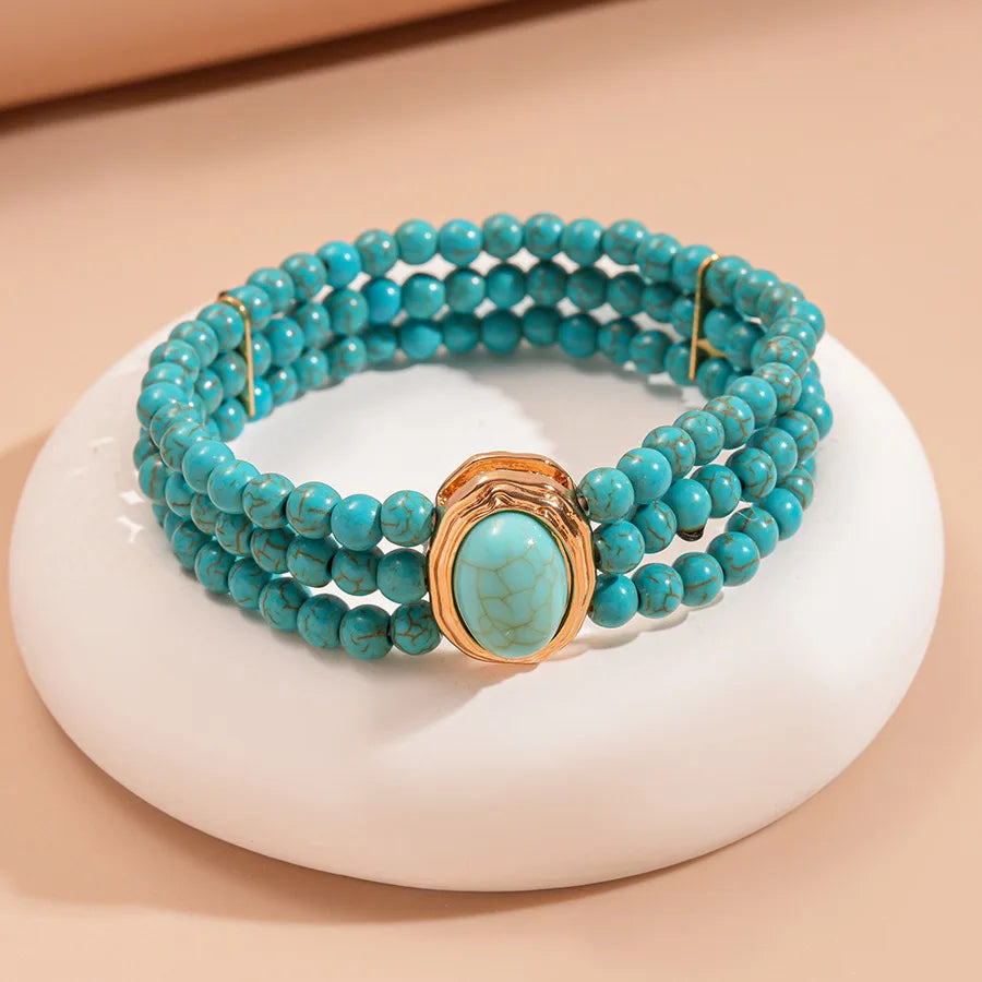 Boho Multi-layer Turquoise Chain Necklace Bracelet Earrings Jewelry Set Ethnic Style Geometric Beads Choker Necklacea for Party