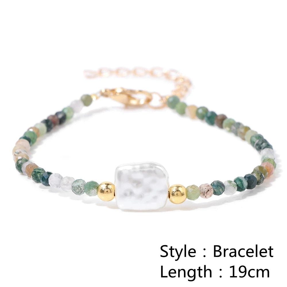 Female Pearl Pendant Necklace Natural Small Emerald Crystal Stone Necklace Gold Color Spacer Bead Heart Shape Buckle Necklace