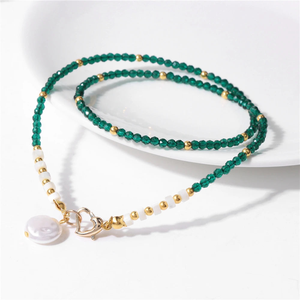 Female Pearl Pendant Necklace Natural Small Emerald Crystal Stone Necklace Gold Color Spacer Bead Heart Shape Buckle Necklace