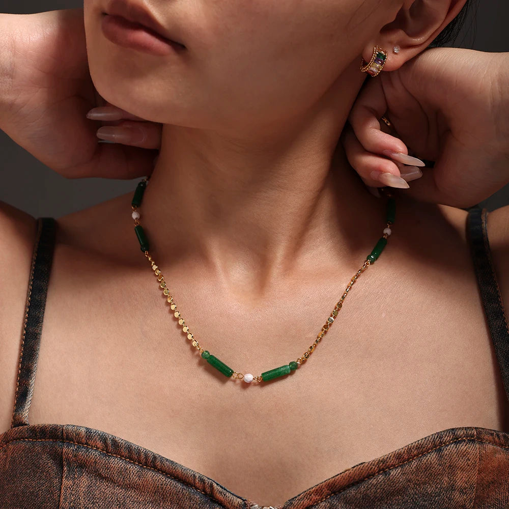 Colorful Natural Stone Beaded Necklace Women's Stainless Steel Gold Plated Zirconia Pendant Luxury Choker Bohemian Jewelry Gift