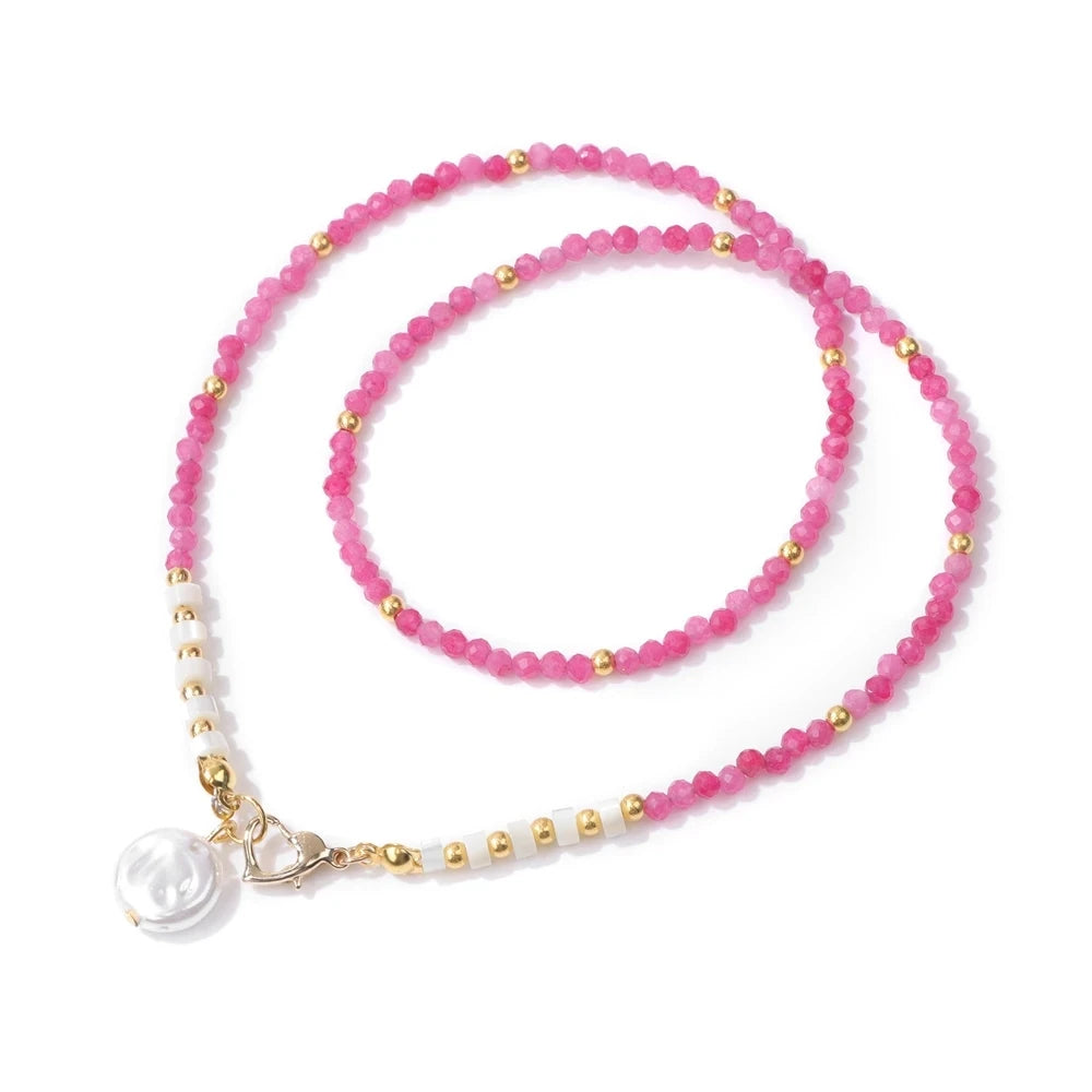 Female Pearl Pendant Necklace Natural Small Emerald Crystal Stone Necklace Gold Color Spacer Bead Heart Shape Buckle Necklace