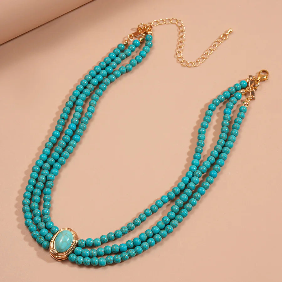 Boho Multi-layer Turquoise Chain Necklace Bracelet Earrings Jewelry Set Ethnic Style Geometric Beads Choker Necklacea for Party