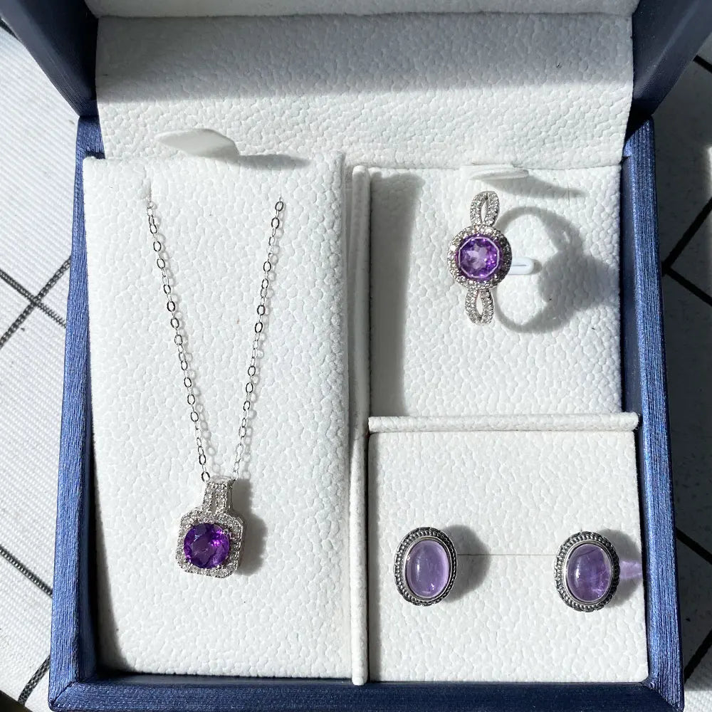 Natural Amethyst 925 Silver Jewelry Set Gift Box Necklace Ring Earrings Party and Evening Dress Accessories Birthday Gifts