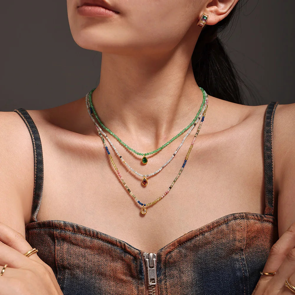 Colorful Natural Stone Beaded Necklace Women's Stainless Steel Gold Plated Zirconia Pendant Luxury Choker Bohemian Jewelry Gift