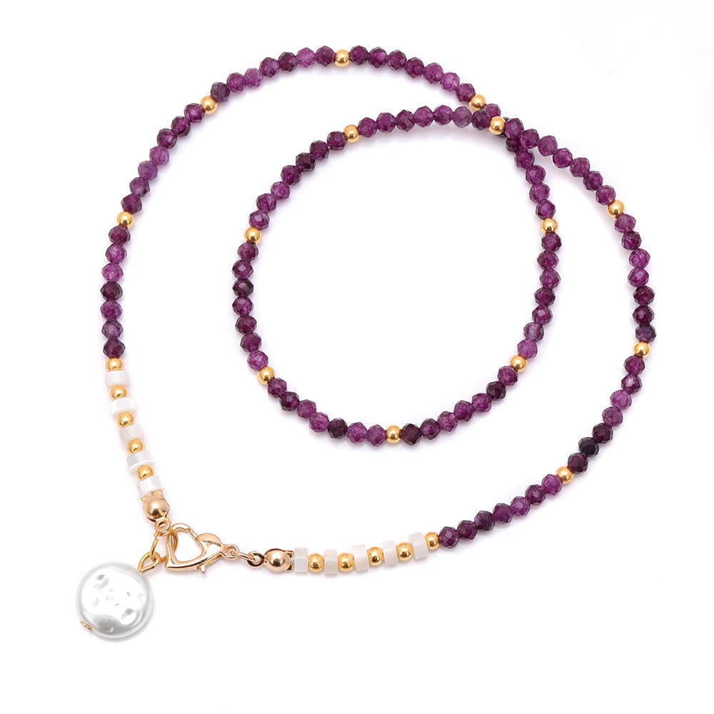 Female Pearl Pendant Necklace Natural Small Emerald Crystal Stone Necklace Gold Color Spacer Bead Heart Shape Buckle Necklace