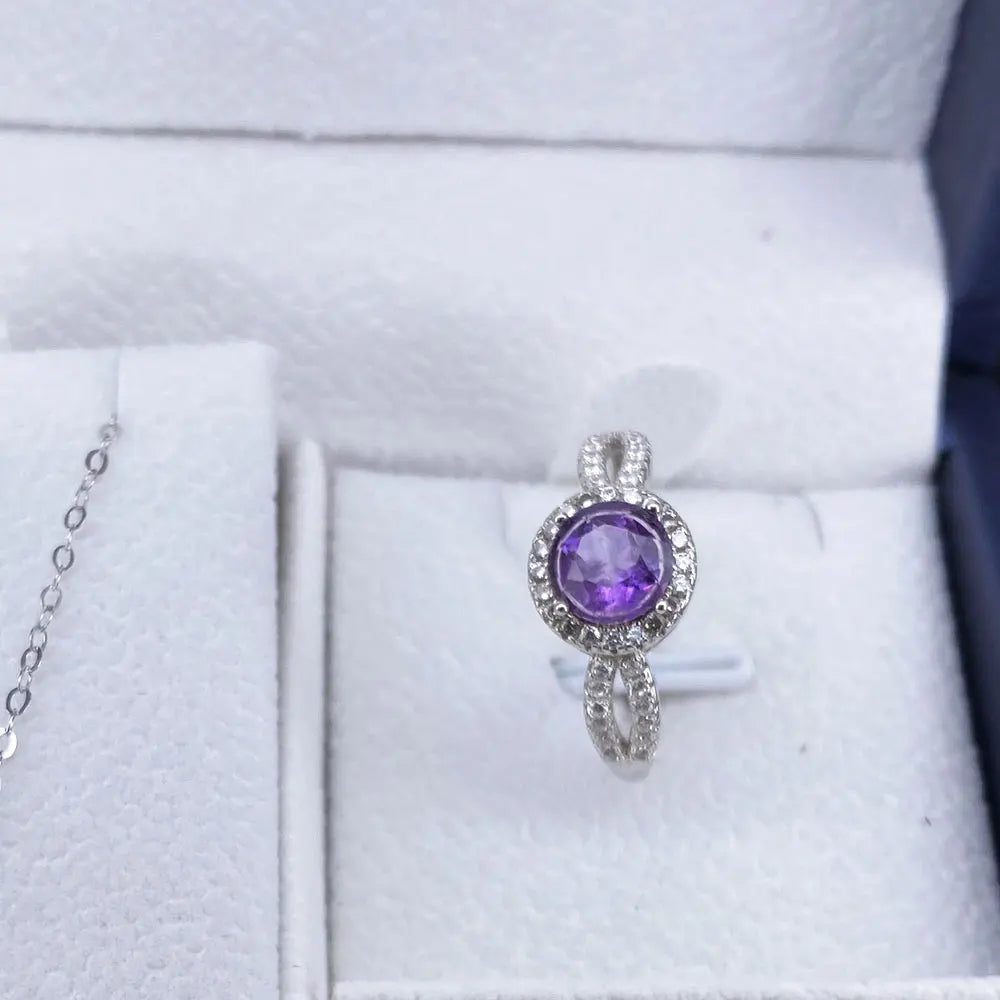 Natural Amethyst 925 Silver Jewelry Set Gift Box Necklace Ring Earrings Party and Evening Dress Accessories Birthday Gifts