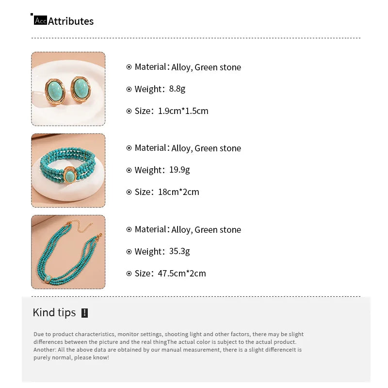 Boho Multi-layer Turquoise Chain Necklace Bracelet Earrings Jewelry Set Ethnic Style Geometric Beads Choker Necklacea for Party