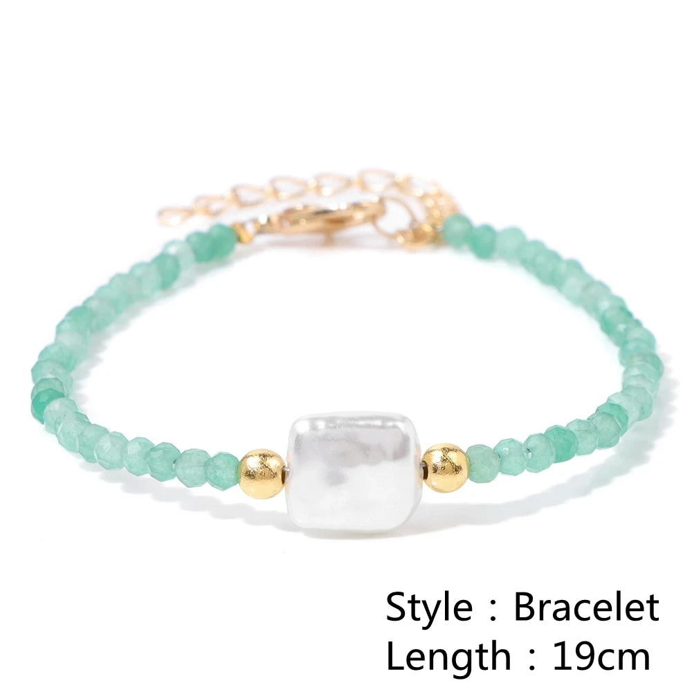 Female Pearl Pendant Necklace Natural Small Emerald Crystal Stone Necklace Gold Color Spacer Bead Heart Shape Buckle Necklace