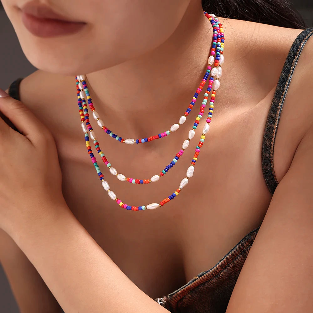 Colorful Natural Stone Beaded Necklace Women's Stainless Steel Gold Plated Zirconia Pendant Luxury Choker Bohemian Jewelry Gift