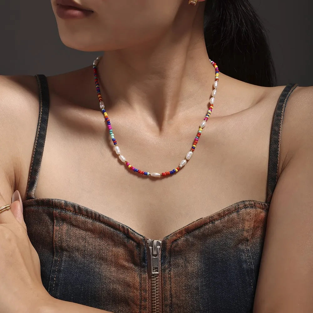 Colorful Natural Stone Beaded Necklace Women's Stainless Steel Gold Plated Zirconia Pendant Luxury Choker Bohemian Jewelry Gift