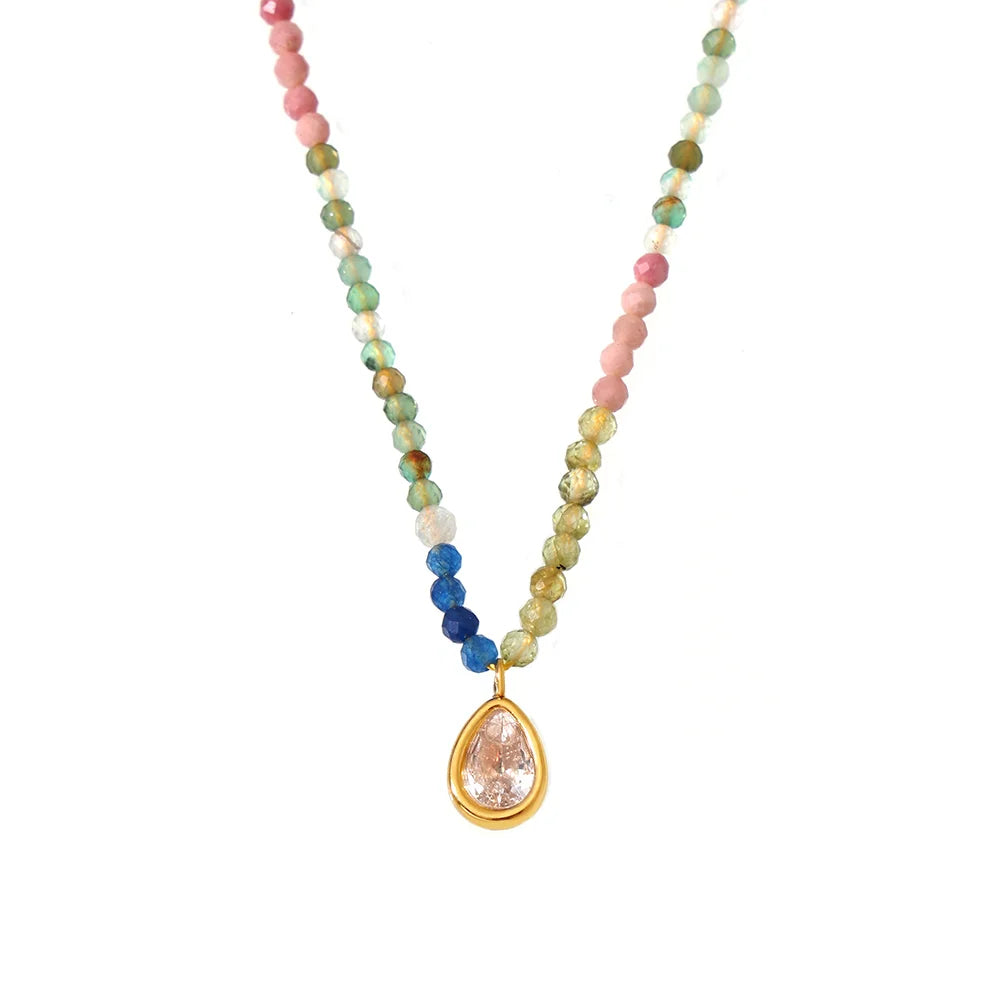 Colorful Natural Stone Beaded Necklace Women's Stainless Steel Gold Plated Zirconia Pendant Luxury Choker Bohemian Jewelry Gift