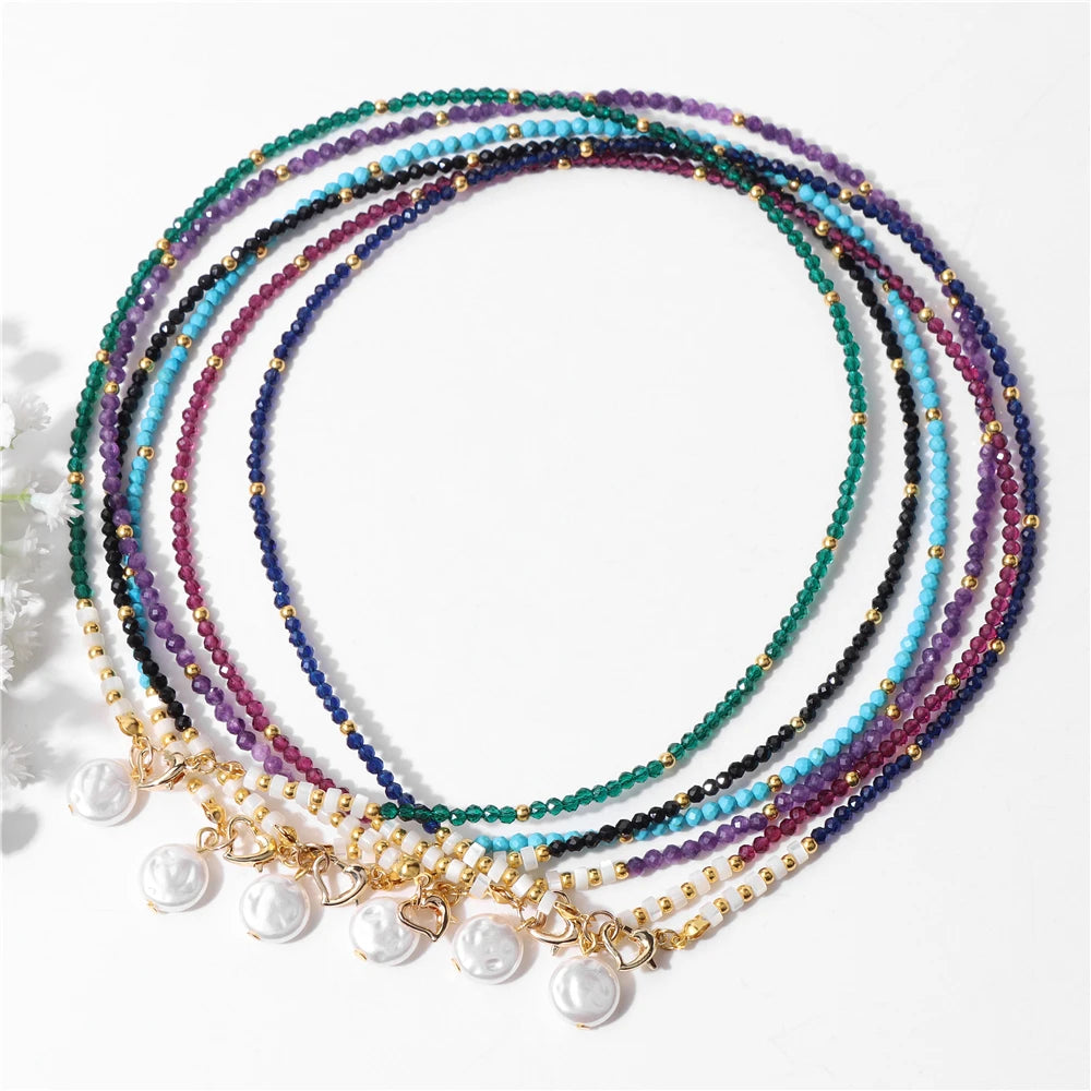 Female Pearl Pendant Necklace Natural Small Emerald Crystal Stone Necklace Gold Color Spacer Bead Heart Shape Buckle Necklace
