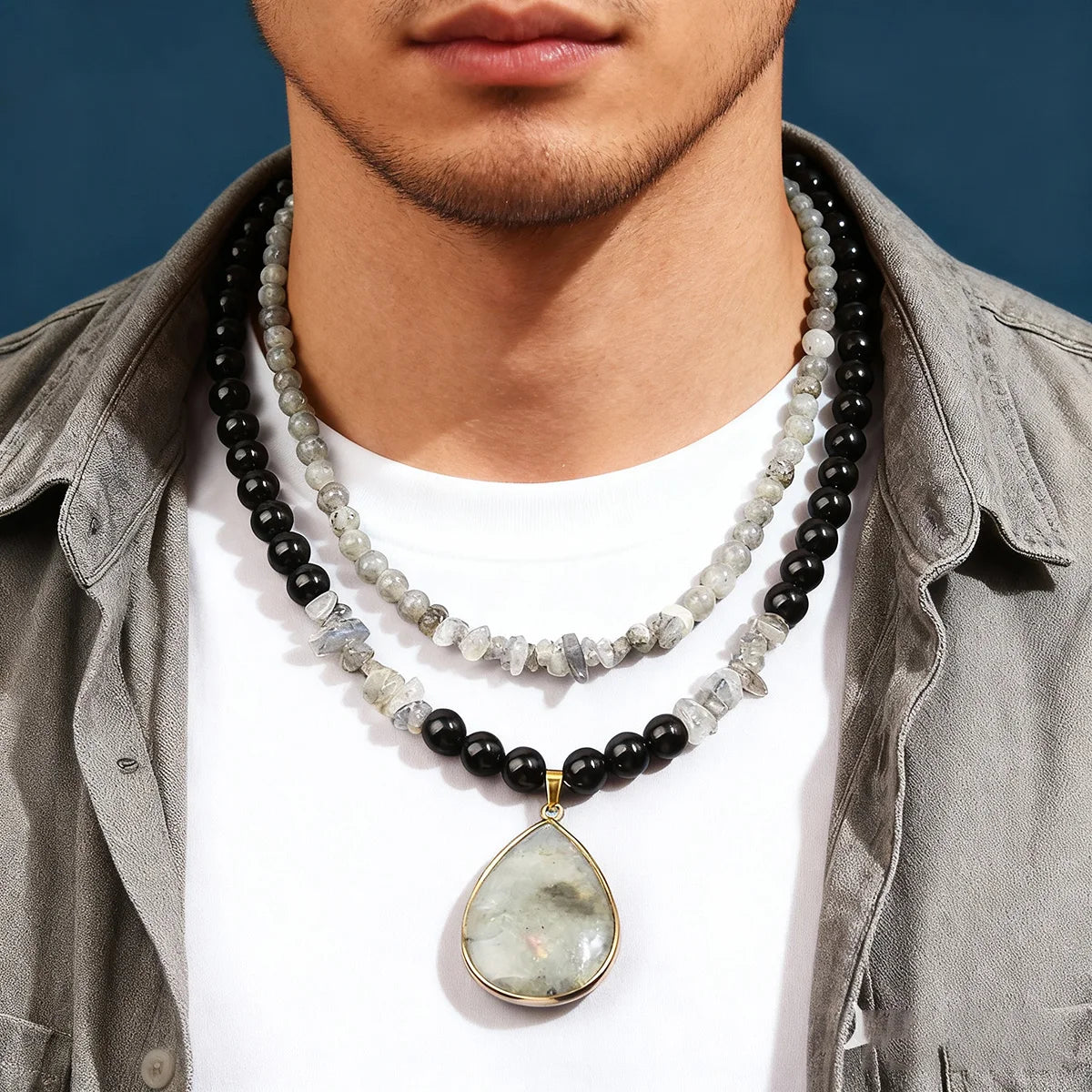 Fashionable and minimalist black&white natural stone bead necklace handmade adjustable long necklace