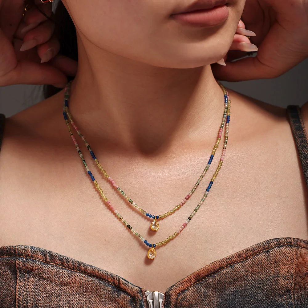 Colorful Natural Stone Beaded Necklace Women's Stainless Steel Gold Plated Zirconia Pendant Luxury Choker Bohemian Jewelry Gift