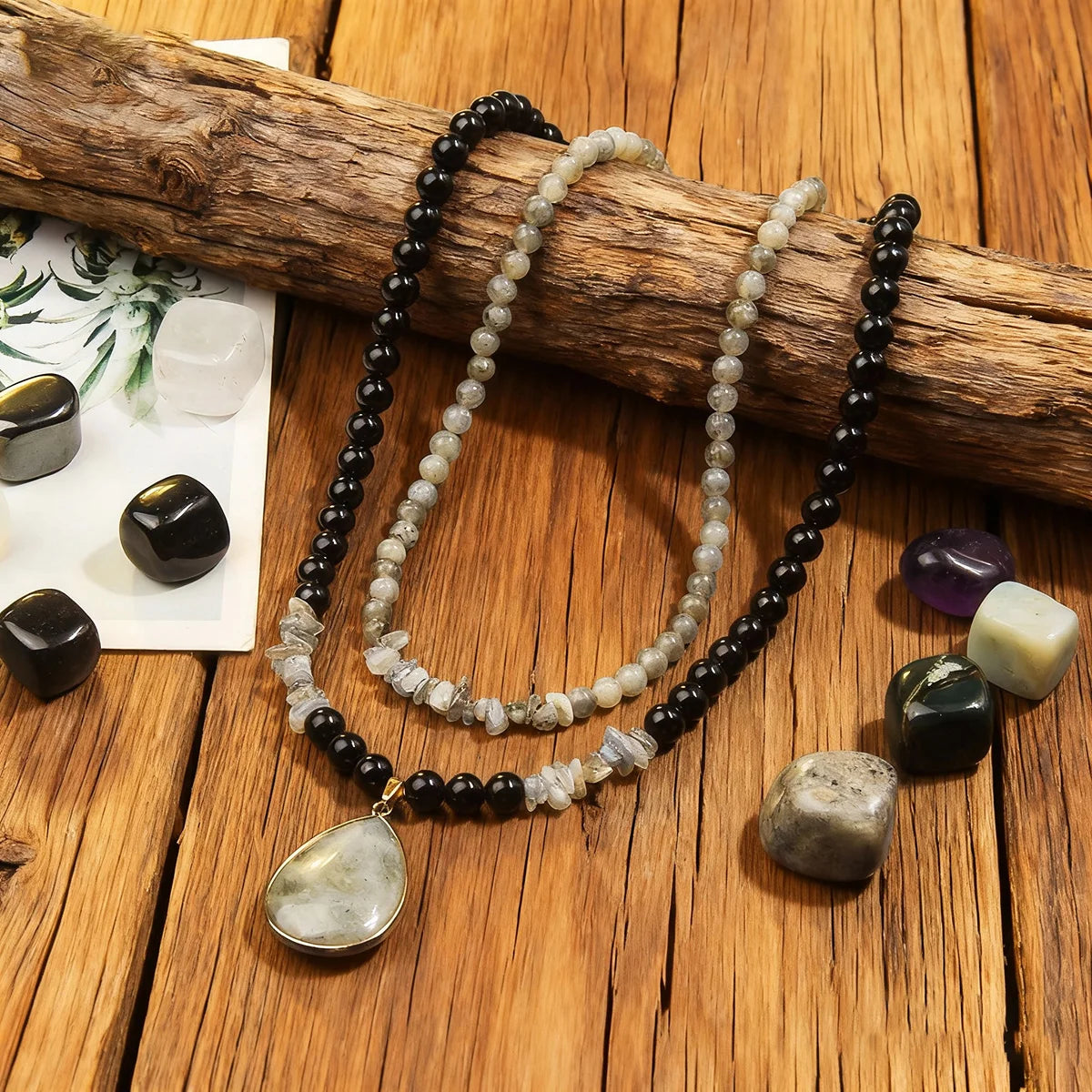 Fashionable and minimalist black&white natural stone bead necklace handmade adjustable long necklace