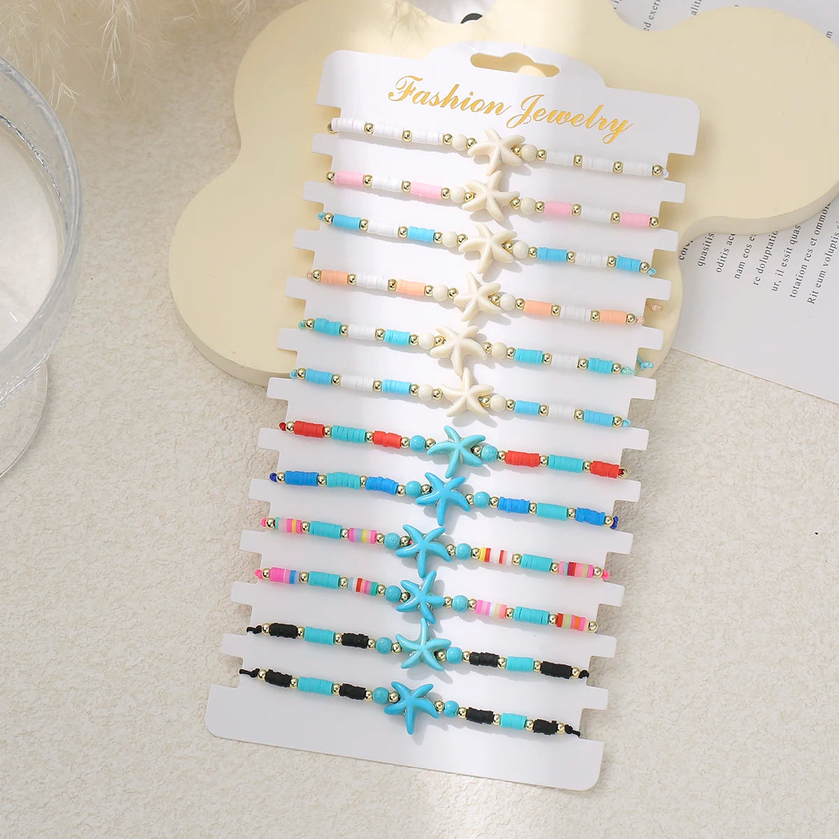 12pcs/set Starfish Charms Bracelet Set For Women Colorful Acrylic Beads Adjustable Bracelet Jewelry Gifts