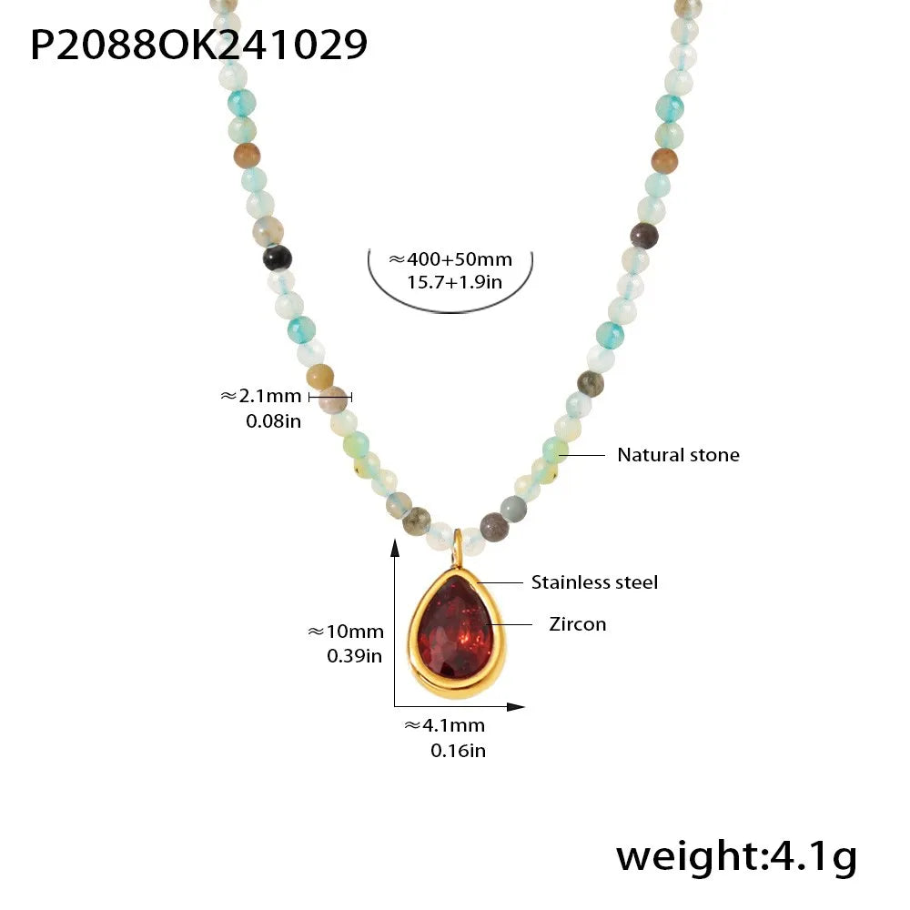 Colorful Natural Stone Beaded Necklace Women's Stainless Steel Gold Plated Zirconia Pendant Luxury Choker Bohemian Jewelry Gift