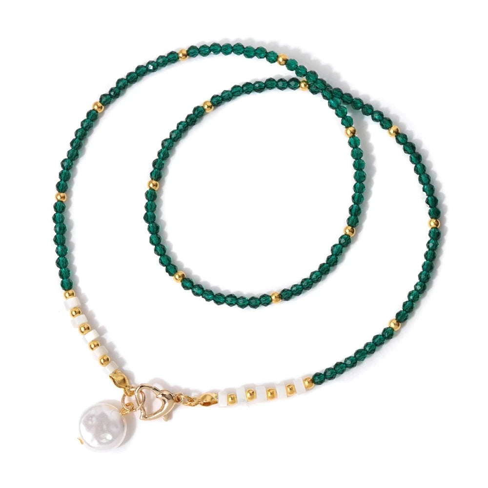 Female Pearl Pendant Necklace Natural Small Emerald Crystal Stone Necklace Gold Color Spacer Bead Heart Shape Buckle Necklace