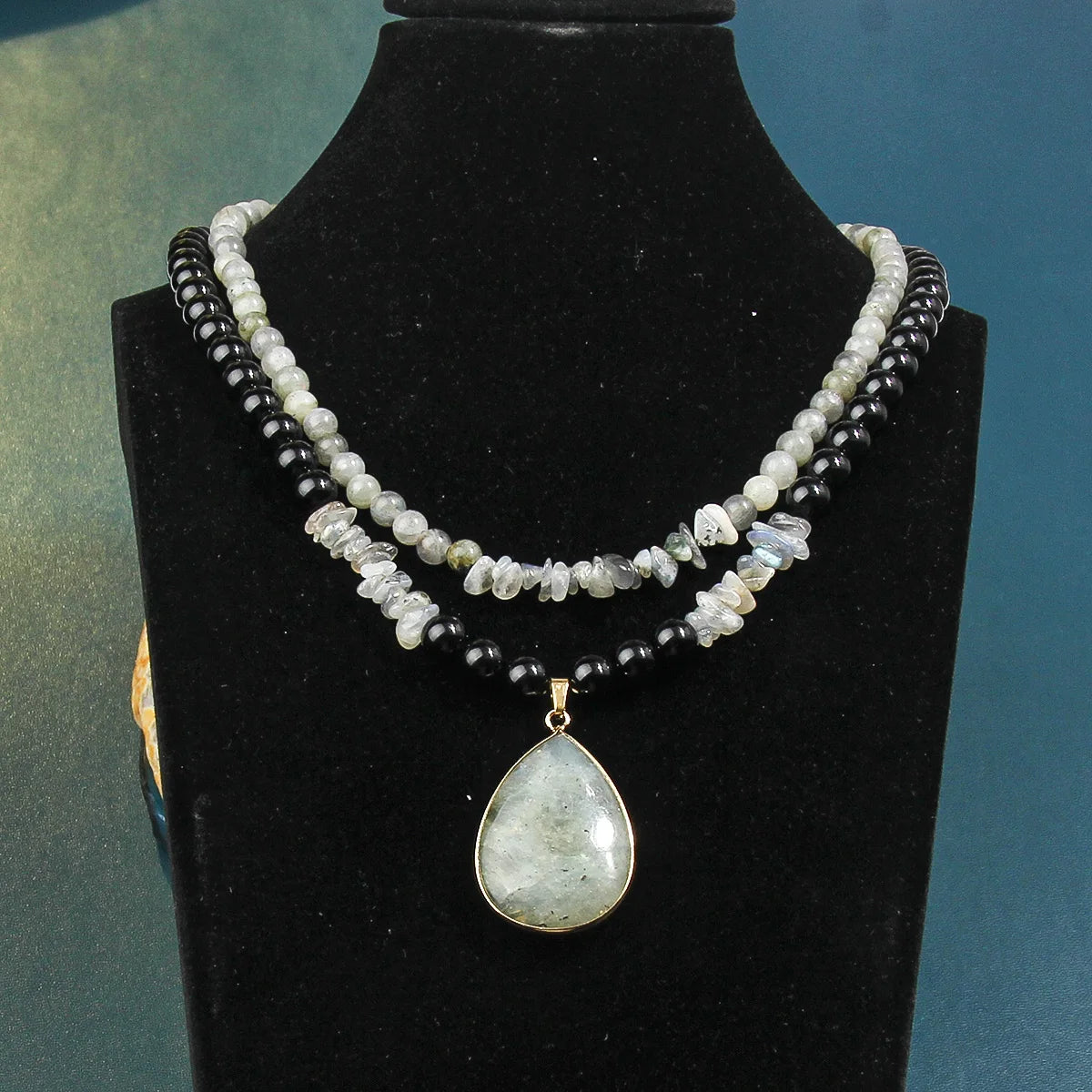 Fashionable and minimalist black&white natural stone bead necklace handmade adjustable long necklace