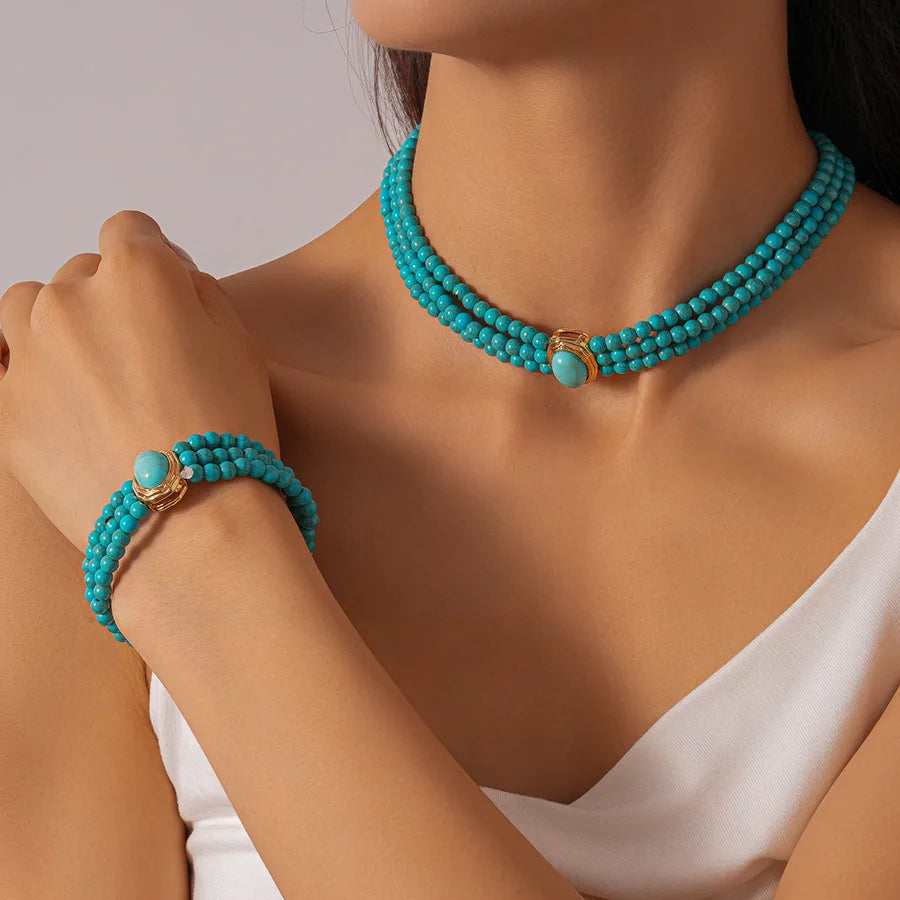 Boho Multi-layer Turquoise Chain Necklace Bracelet Earrings Jewelry Set Ethnic Style Geometric Beads Choker Necklacea for Party
