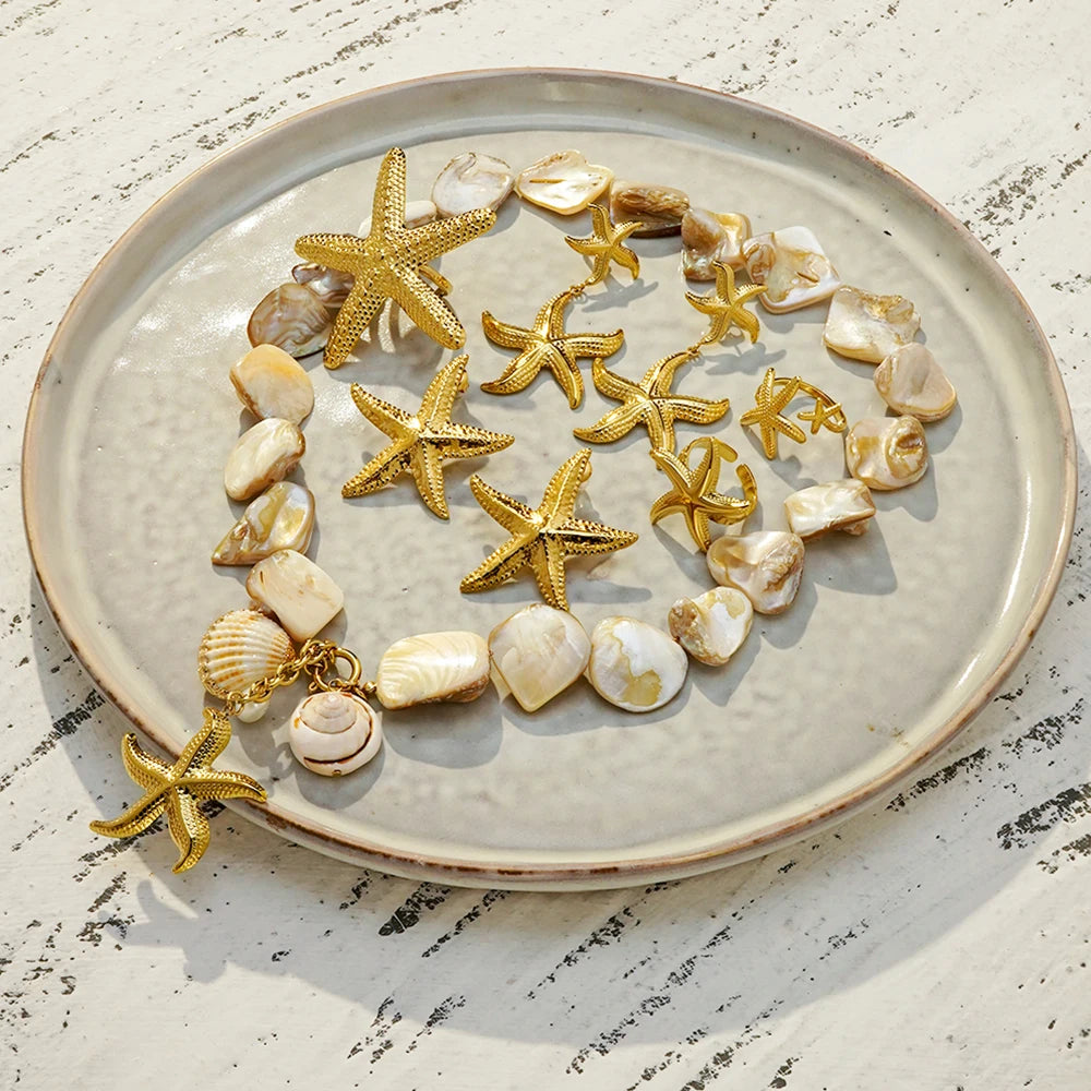 ENFASHION Para Mujer Summer Shell Starfish Pendant Necklace For Women's Stainless steel 18K Plated Gold Vacation Jewelry Set