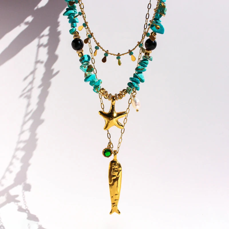 Turquoise Stacked Multi-layer Necklace Pearl Fishtail Pendant Starfish Earrings Beaded Bracelet Seaside Vacation Jewelry SetM010