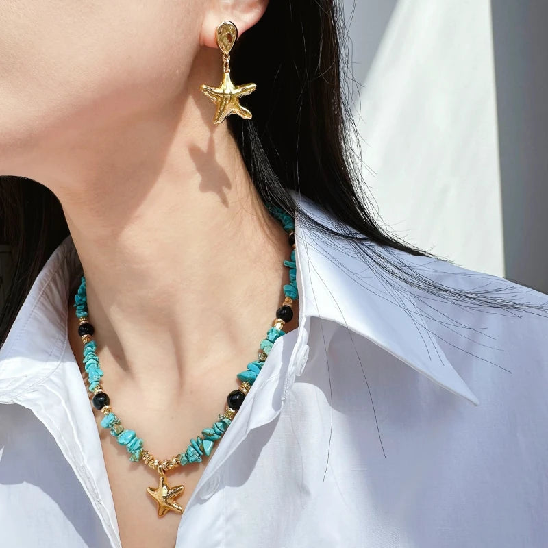 Turquoise Stacked Multi-layer Necklace Pearl Fishtail Pendant Starfish Earrings Beaded Bracelet Seaside Vacation Jewelry SetM010