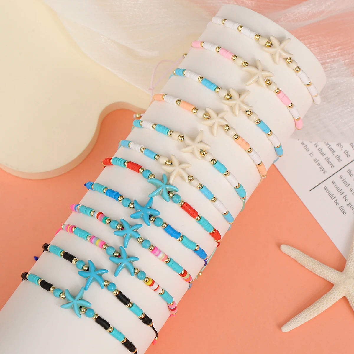12pcs/set Starfish Charms Bracelet Set For Women Colorful Acrylic Beads Adjustable Bracelet Jewelry Gifts