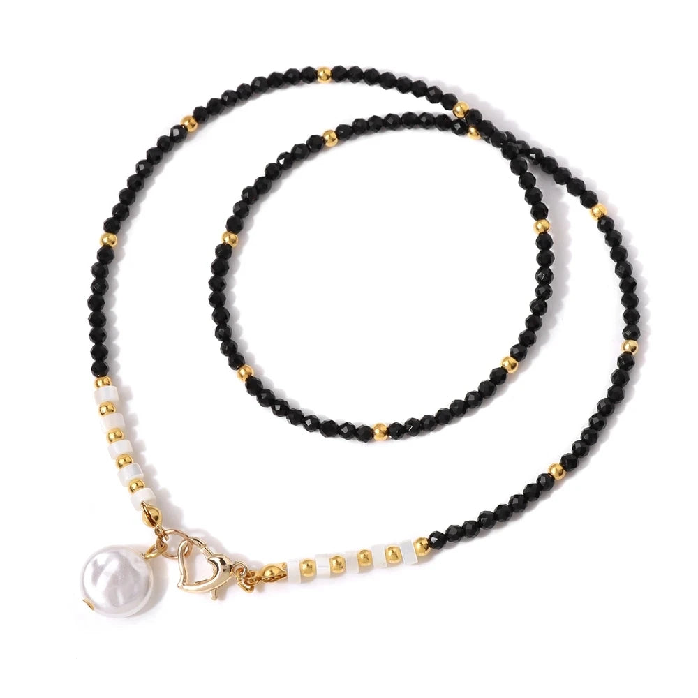 Female Pearl Pendant Necklace Natural Small Emerald Crystal Stone Necklace Gold Color Spacer Bead Heart Shape Buckle Necklace