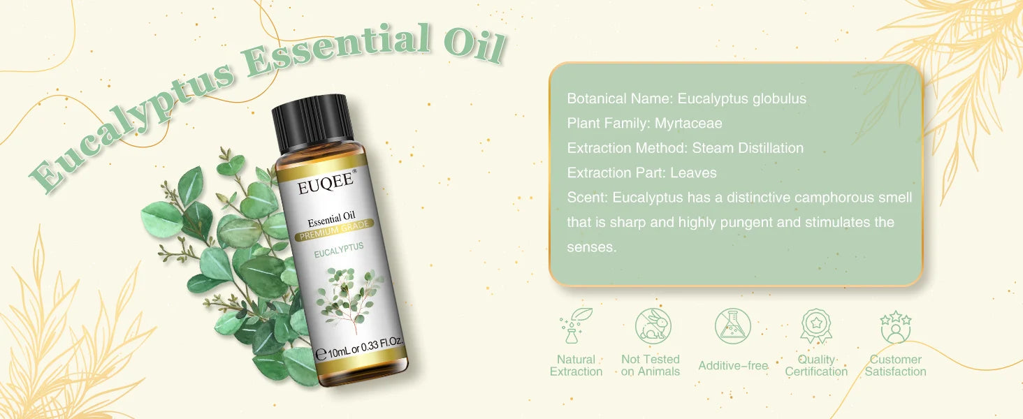 EUQEE 10ML Natural Essential Oils Eucalyptus Spearmint Vanilla Lavender Lemon Oregano Oil For Humidifier DIY Soap,Candle Making