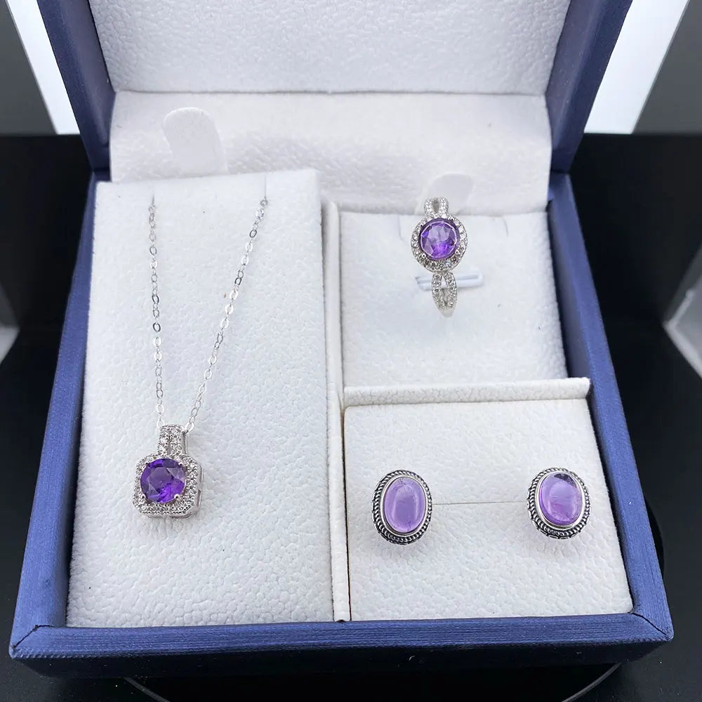 Natural Amethyst 925 Silver Jewelry Set Gift Box Necklace Ring Earrings Party and Evening Dress Accessories Birthday Gifts