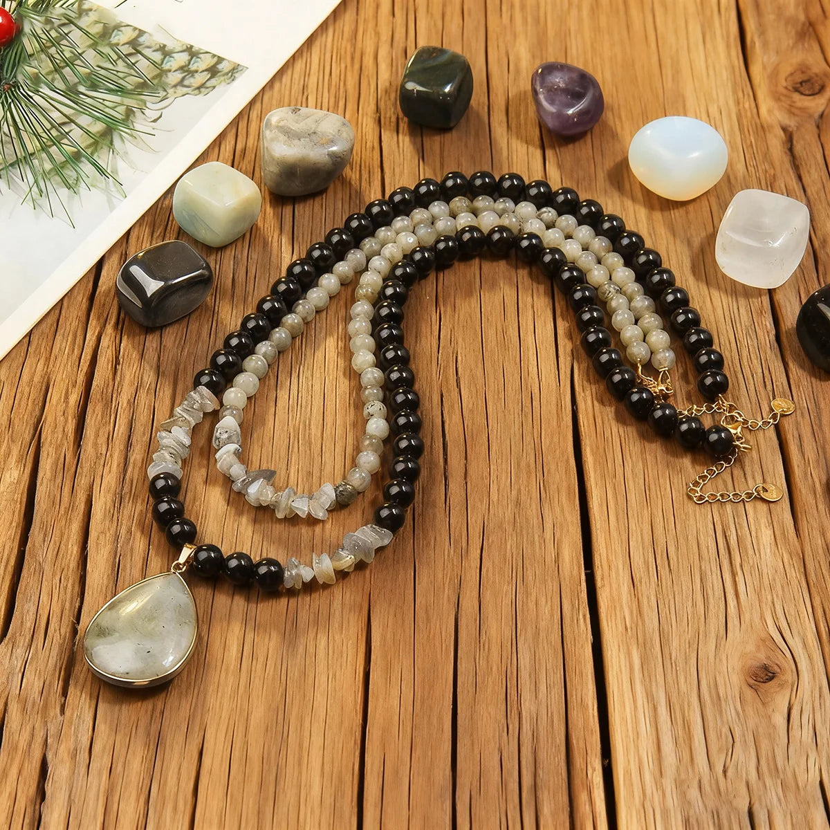 Fashionable and minimalist black&white natural stone bead necklace handmade adjustable long necklace