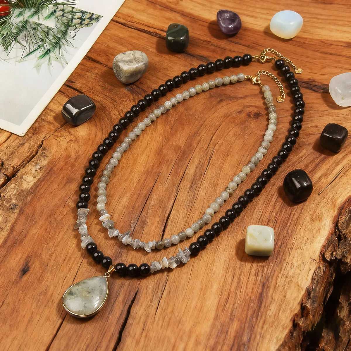 Fashionable and minimalist black&white natural stone bead necklace handmade adjustable long necklace